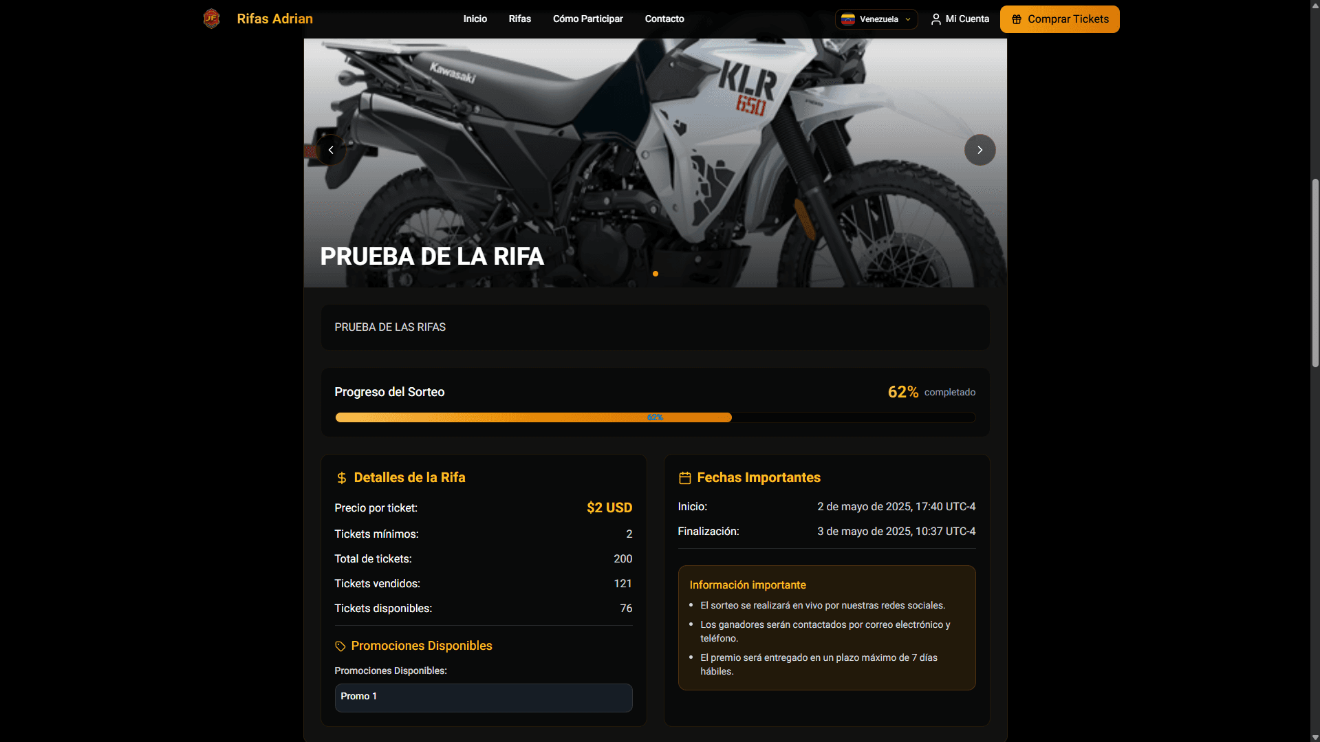 Interfaz de una plataforma de rifas online